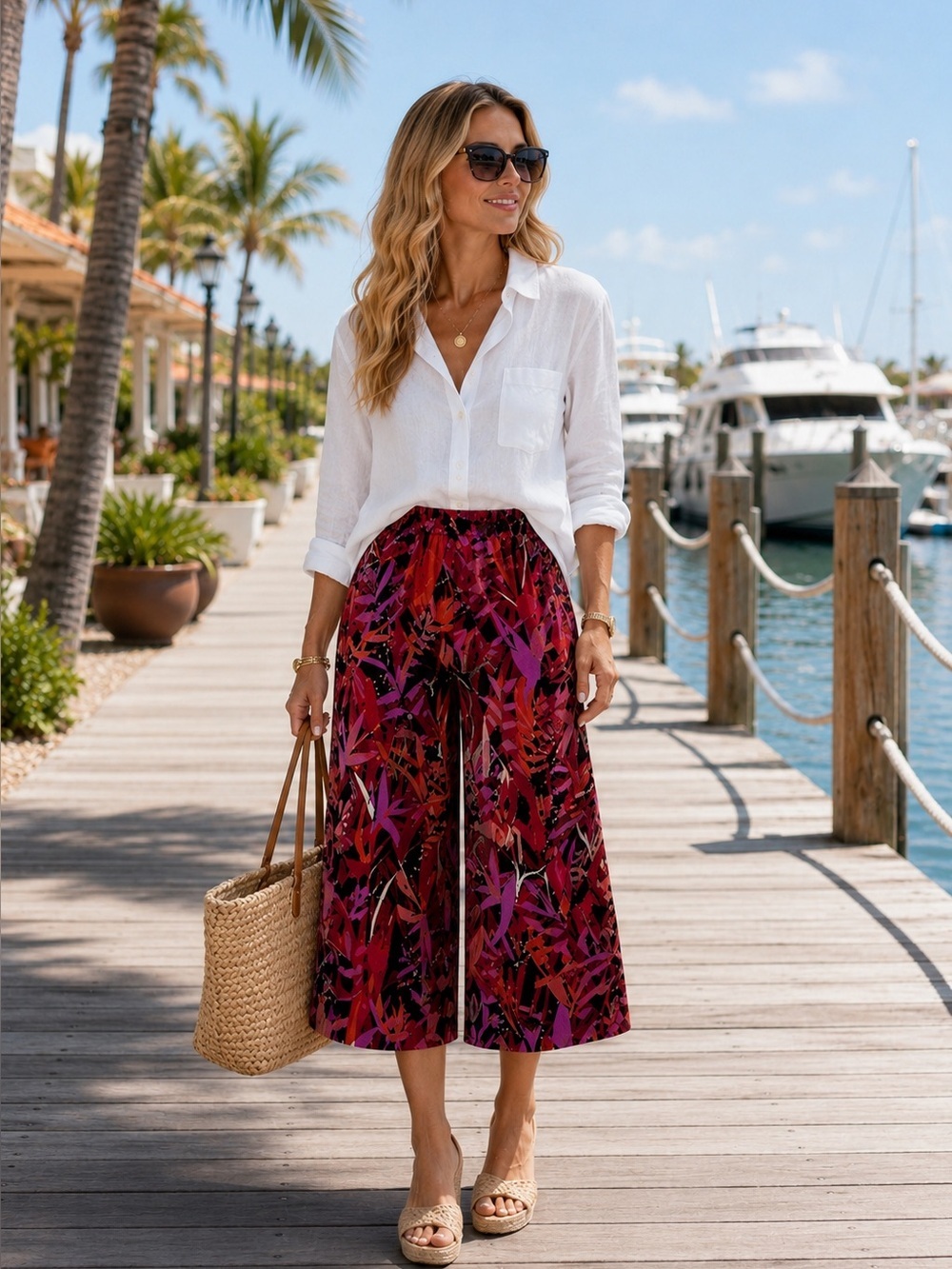 NEW Bob Mackie Wide Leg Crop Pants Tropical Paradise Print Size X-Small